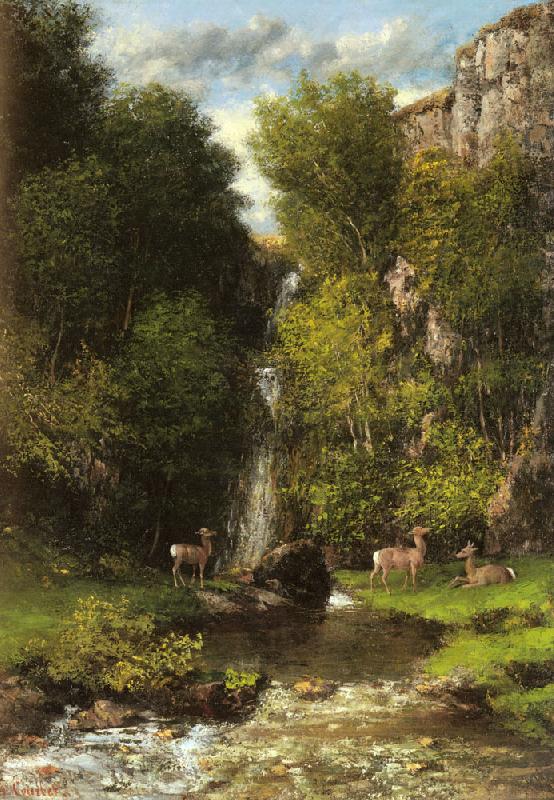 Gustave Courbet A Family of Deer in a Landscape with a Waterfall France oil painting art